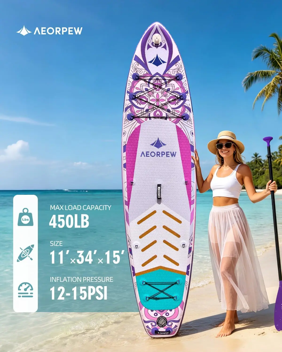 34'' Wide Inflatable Paddle Board for Women with Premium Paddle Boards Accessories, Adj SUP Paddle, 100L Backpack, Suitable