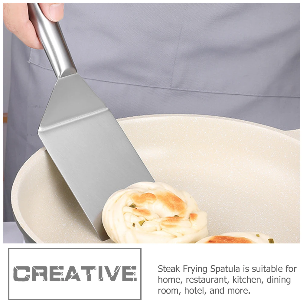 

1pcs Steak Frying Spatula Stainless Steel Kitchen Restaurant Cooking Tool Oil Filtering Curved Handle Light Practical