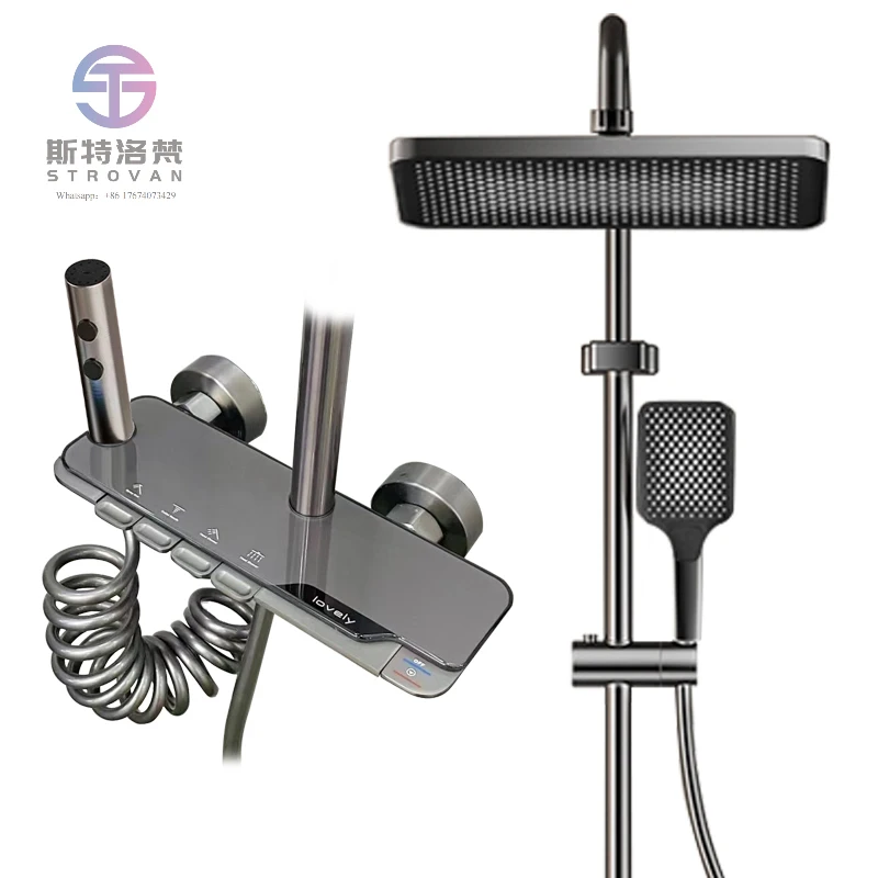 Gray Copper Piano Shower Set 4 Functions Rainfall Shower Head Hot and Cold Bathroom Shower System
