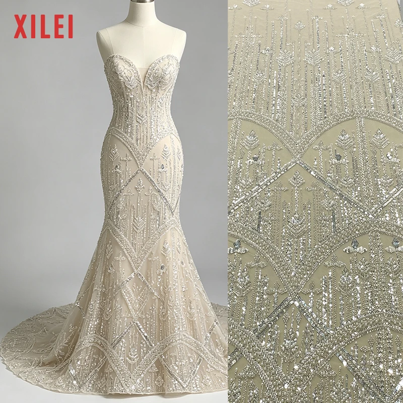 

XILEI #10 Luxury Beaded Lace Fabric Heavy White Sequin Lace Fabric With Bead For Bridal Dress Evening Dress French Lace 1 Yard