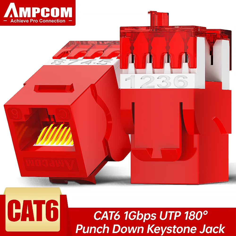 Moduł Keystone Jack AMPCOM 180 stopni, wtyk CAT6 RJ45 Ethernet UTP do paneli ściennych i paneli krosowniczych.