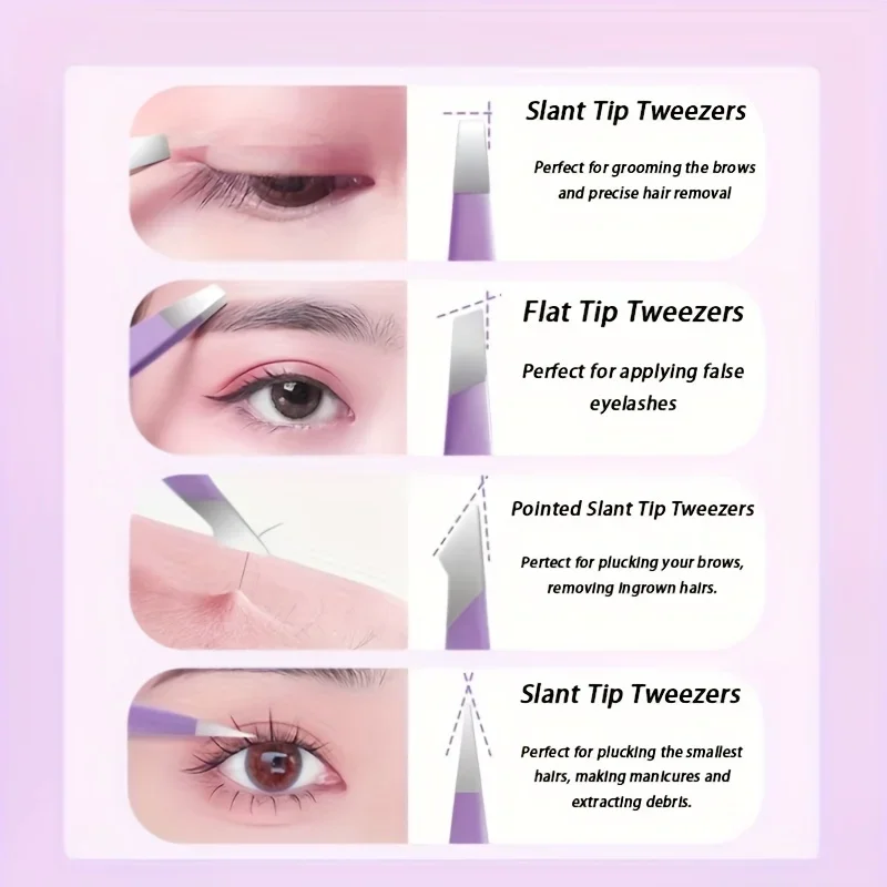 ชุดแหนบถอนขนคิ้ว 4 ชิ้น สีสันสดใส สำหรับถอนขนละเอียด ทำจากสแตนเลส ปลายเฉียง ใช้สำหรับถอนขนคิ้วและเครื่องมือแต่งหน้า