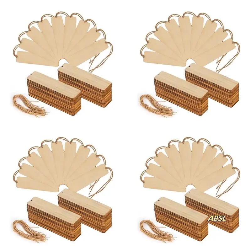 200 PCS 나무 빈 책갈피 미완성 나무 책 마크 구멍과 밧줄 DIY 공예 프로젝트와 교수형 태그