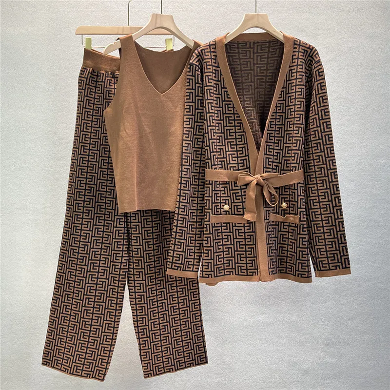 

Spring Autumn Women Cardigan Tracksuits Sexy Vest + Long Sleeve Shawl Cardigan coat + Wide Leg Pant 3 Piece Women's Knitted Suit