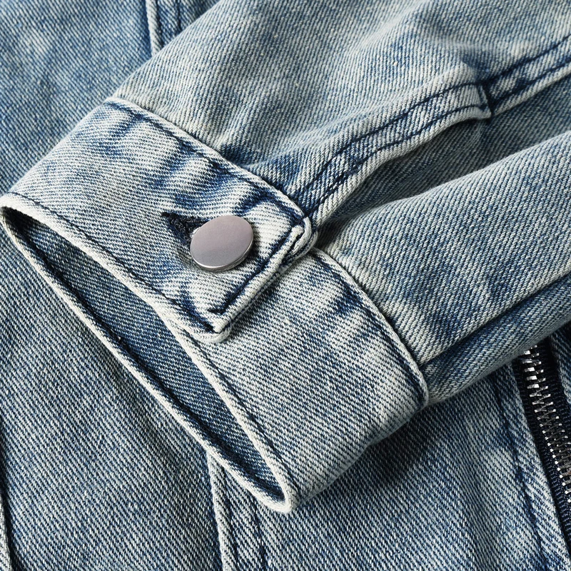 Fashionable new light blue denim washed and decorated with sticker zipper, high street hip-hop brand designer top Y2K