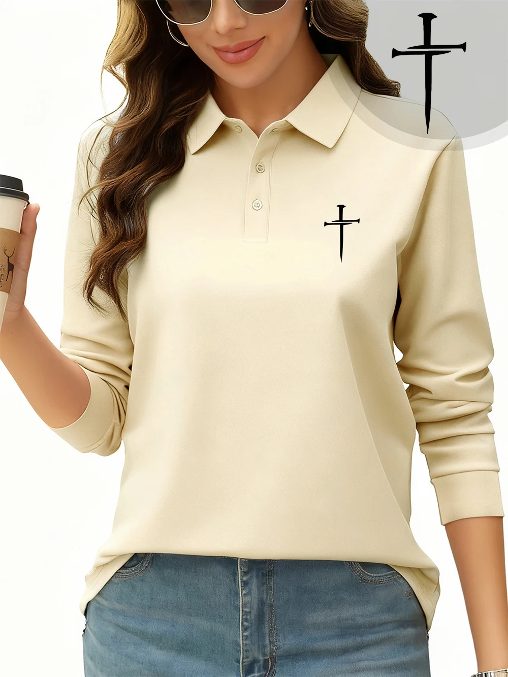 Simple Sword Prints Polo Shirt Womens Commuting Long Sleeves T-Shirts All Season Breathable Lapel Tops Sporty Womans Clothes