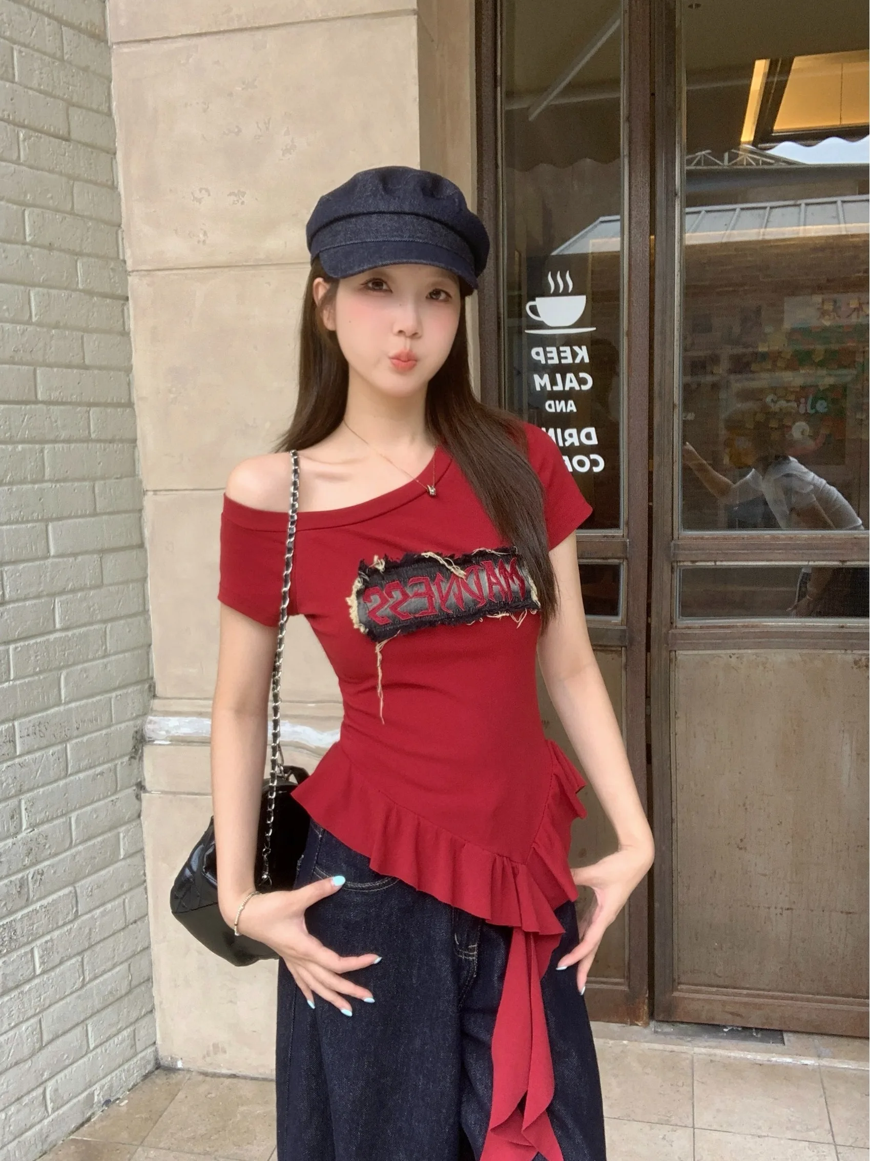 

plus Size Shoulder Bared Short Sleeve T Shirt American Hot Girl Style Summer New Slimming Versatile Asymmetrical Hem Top