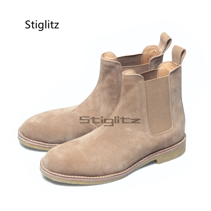 Herren-Chelsea-Stiefel aus Wildleder mit runder Spitze, britischer Stil, Stiefeletten für Herren, Business-Kleid, elastische Stiefel, Slip-on-Männerschuhe