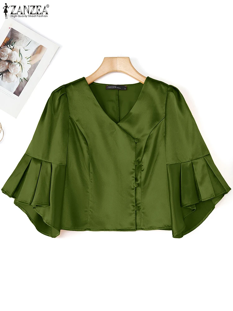 

2025 ZANZEA Fashion Women Satin Shirts Flare Sleeve Elegant Office Lady Tunic Top Casual Blouse V-Neck Solid Autumn Blusas Mujer
