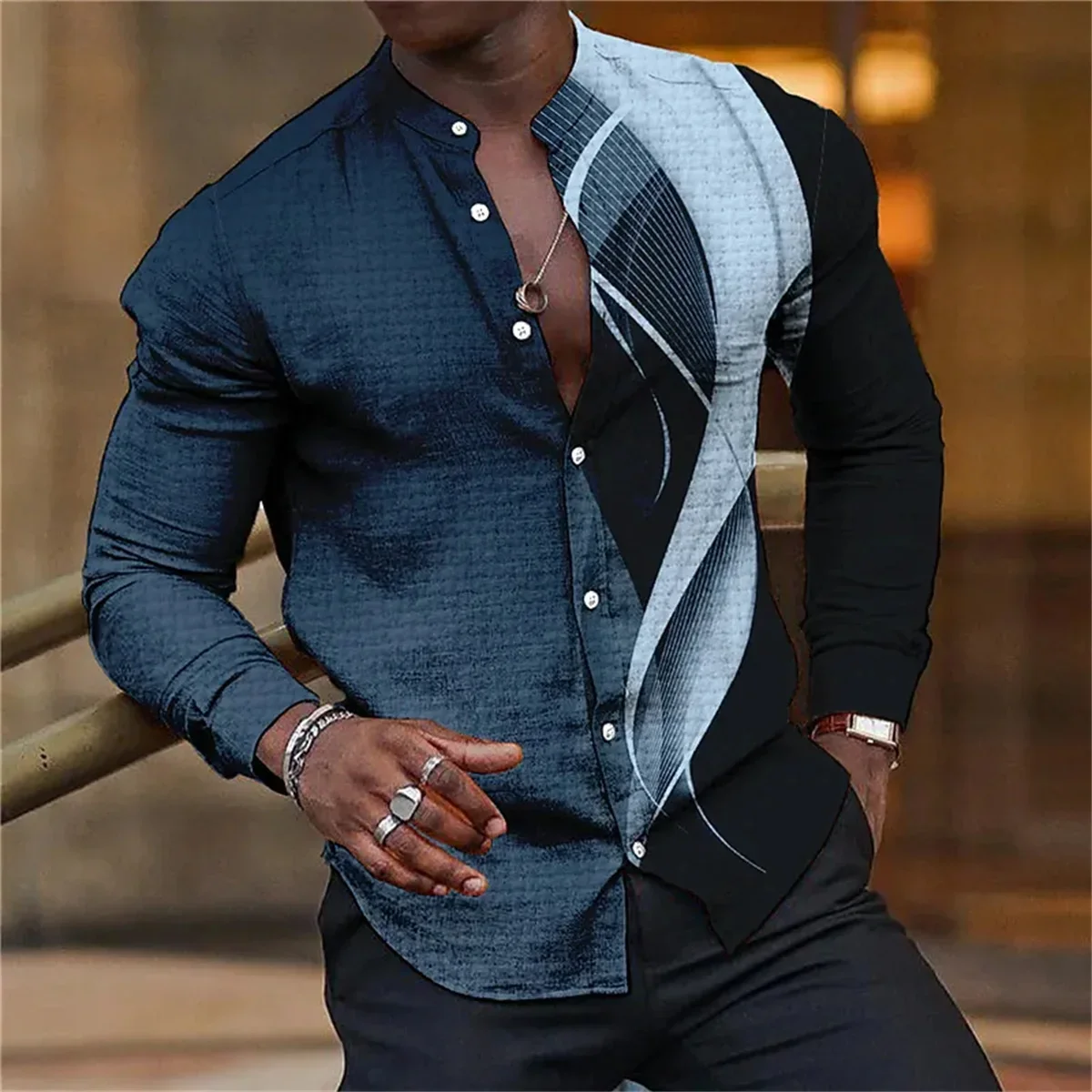 

Shirt Men's Standing Collar Fashion Casual Blue Purple Geometric Splice Outdoor Street Party High Quality Fabric 2023 Plus Size