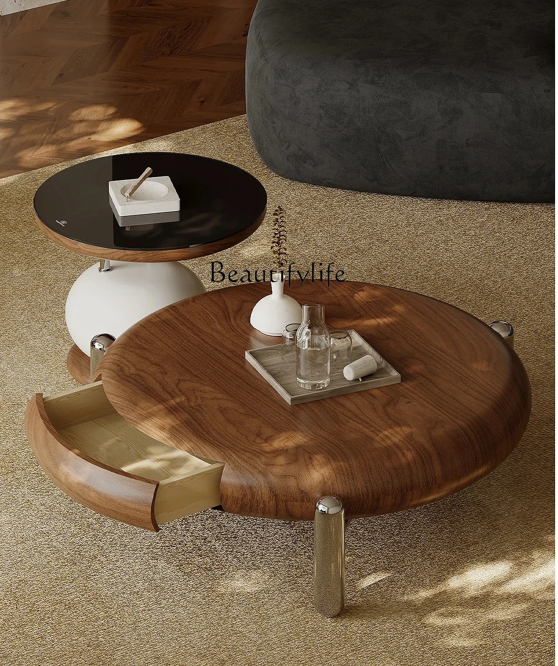 ls 51 Italian minimalist coffee table villa family living room light luxury high-end design stainless steel round coffee table