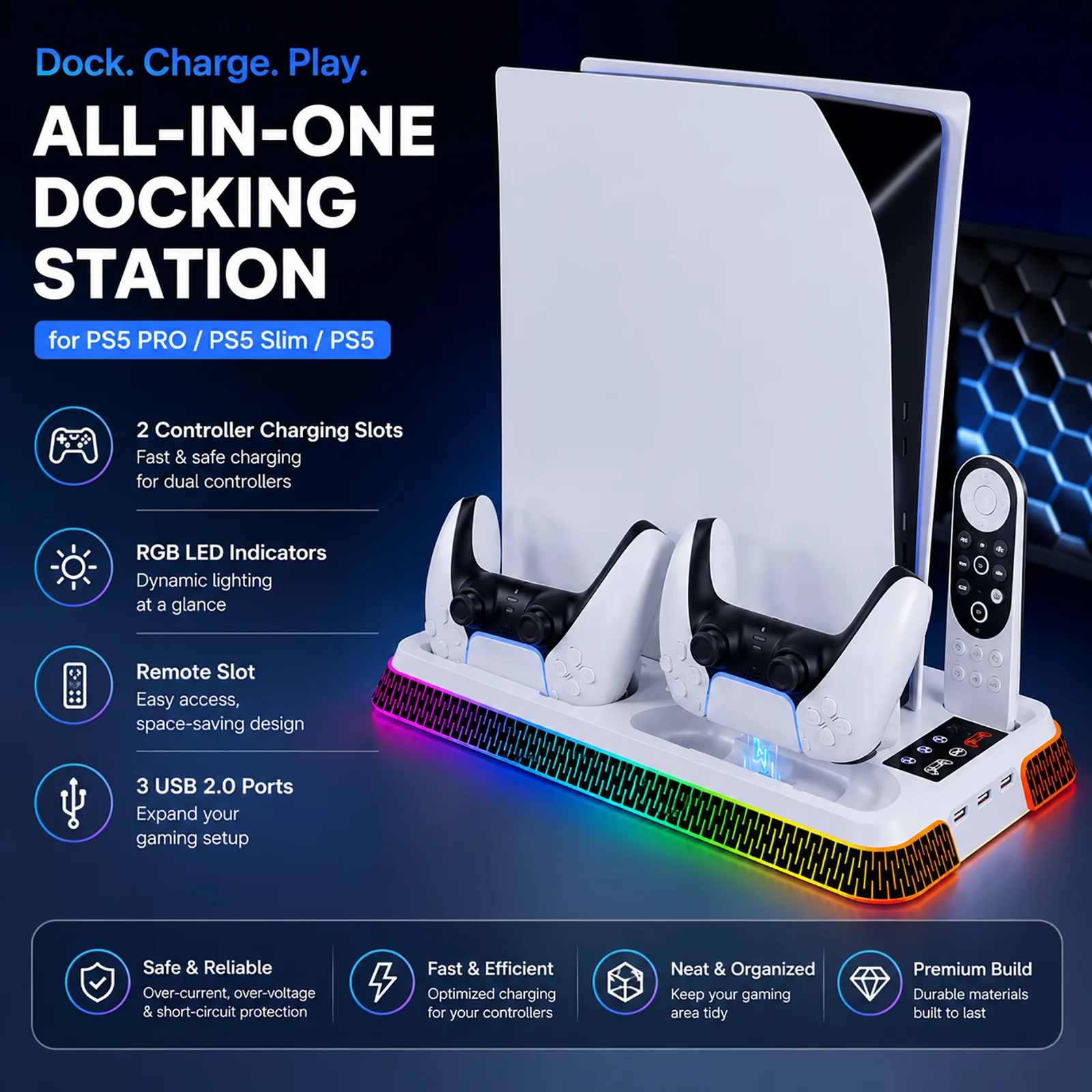 

The All-in-One Cooling Stand Base PS5/PS5 Slim/ Model with RGB Lighting Effects, Storage Function and Controller Accessories