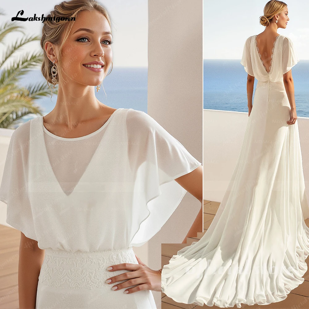 Lakshmigown Boho Pizzo Aperto Indietro A-Line Wrap Abiti da sposa Estate 2025 Novità in spiaggia Abiti da sposa Chiffon Personalizzato