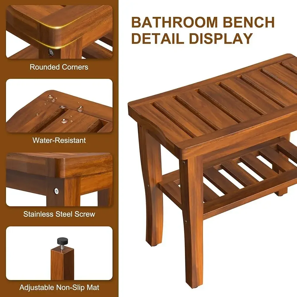 Wooden Teak Shower Bench with Storage Shelf Waterproof Non-Slip Feet Curved Design Easy Assembly Bathroom Stool Elderly Safety