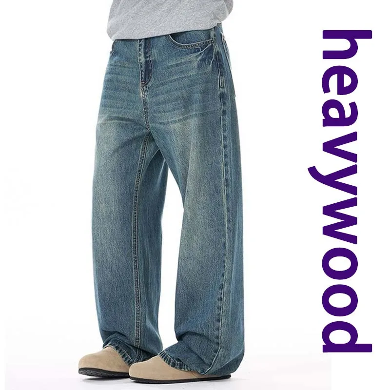 

Американские ретро и модные мужские джинсы из потертого денима, модные и модные, свободные, широкие, прямые брюки, длинные брюки для мужчин