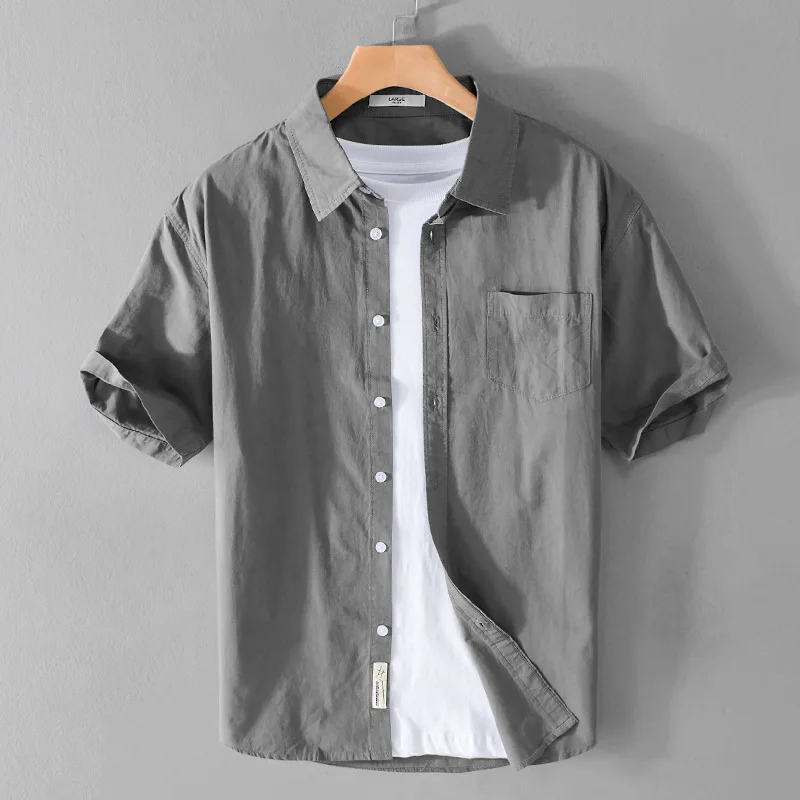 Summer Cotton Shirt Casual Loose and Comfortable Youth Simple Solid Color Mens Shirt