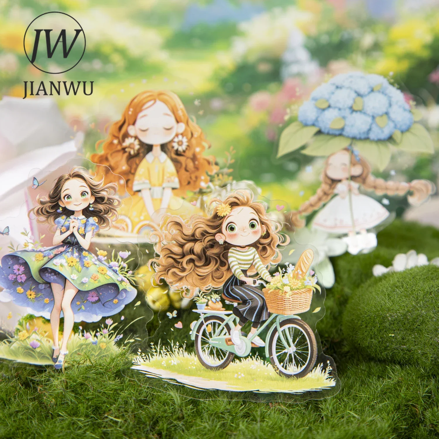 JIANWU A Story in Flowers Series Kawaii Girl Character Flower Landscape Material Collage PET Sticker Creative Journal Stationery