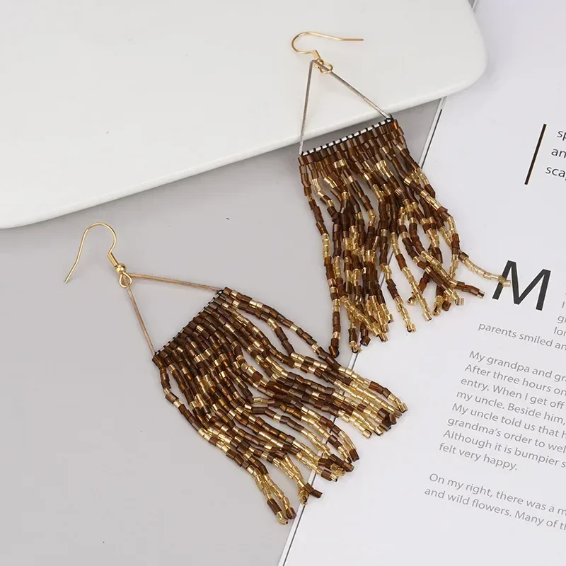 Rice bead earrings Tassel Leopard print Design Originality Bohemia Hand knitting Alloy Simple Geometry Beaded earrings