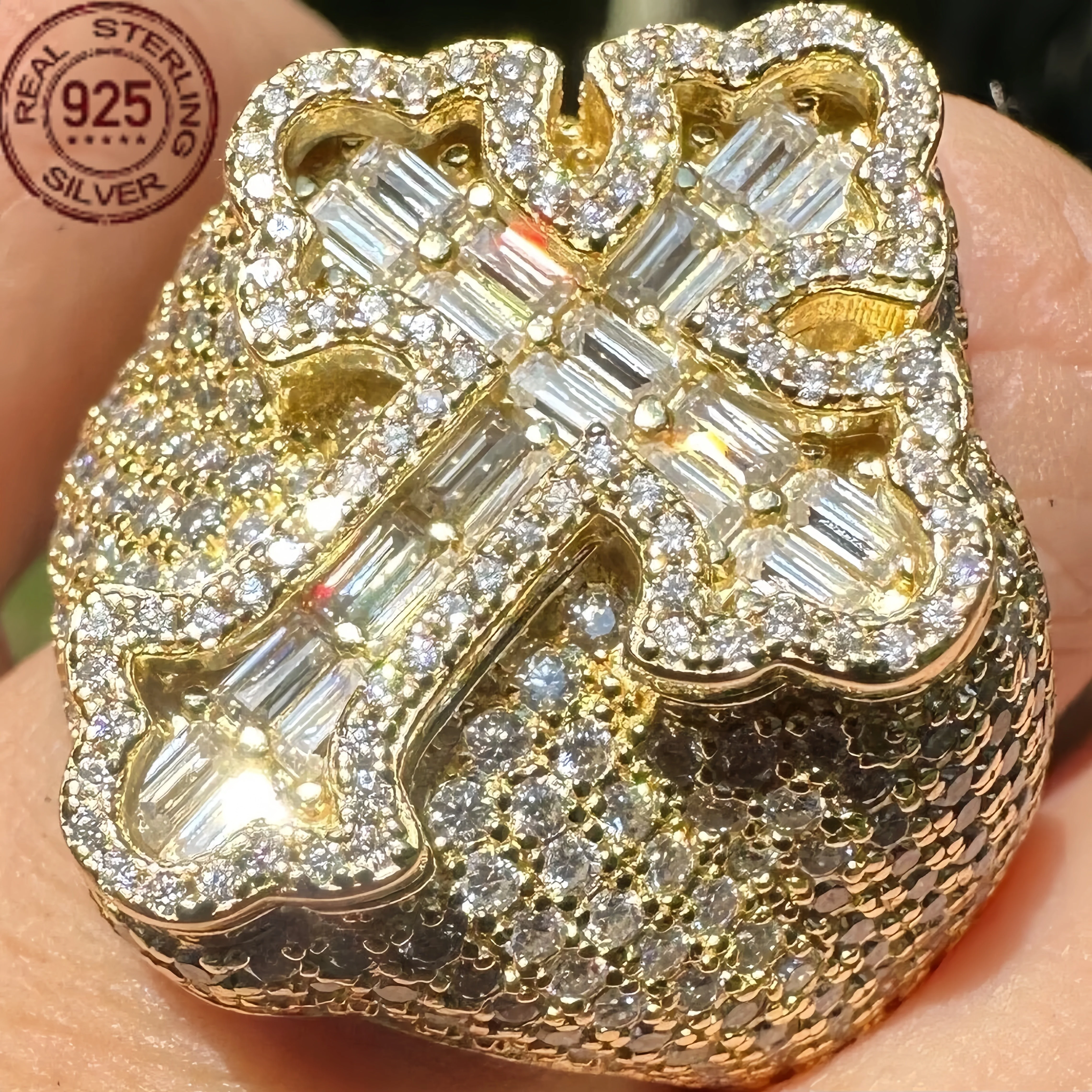 Men's Baguette Gold Plated Over Solid 925 Sterling Silver Gothic Cross Ring Full Zircon Inlaid Luxury Hip Hop Ring Retro Jewelry