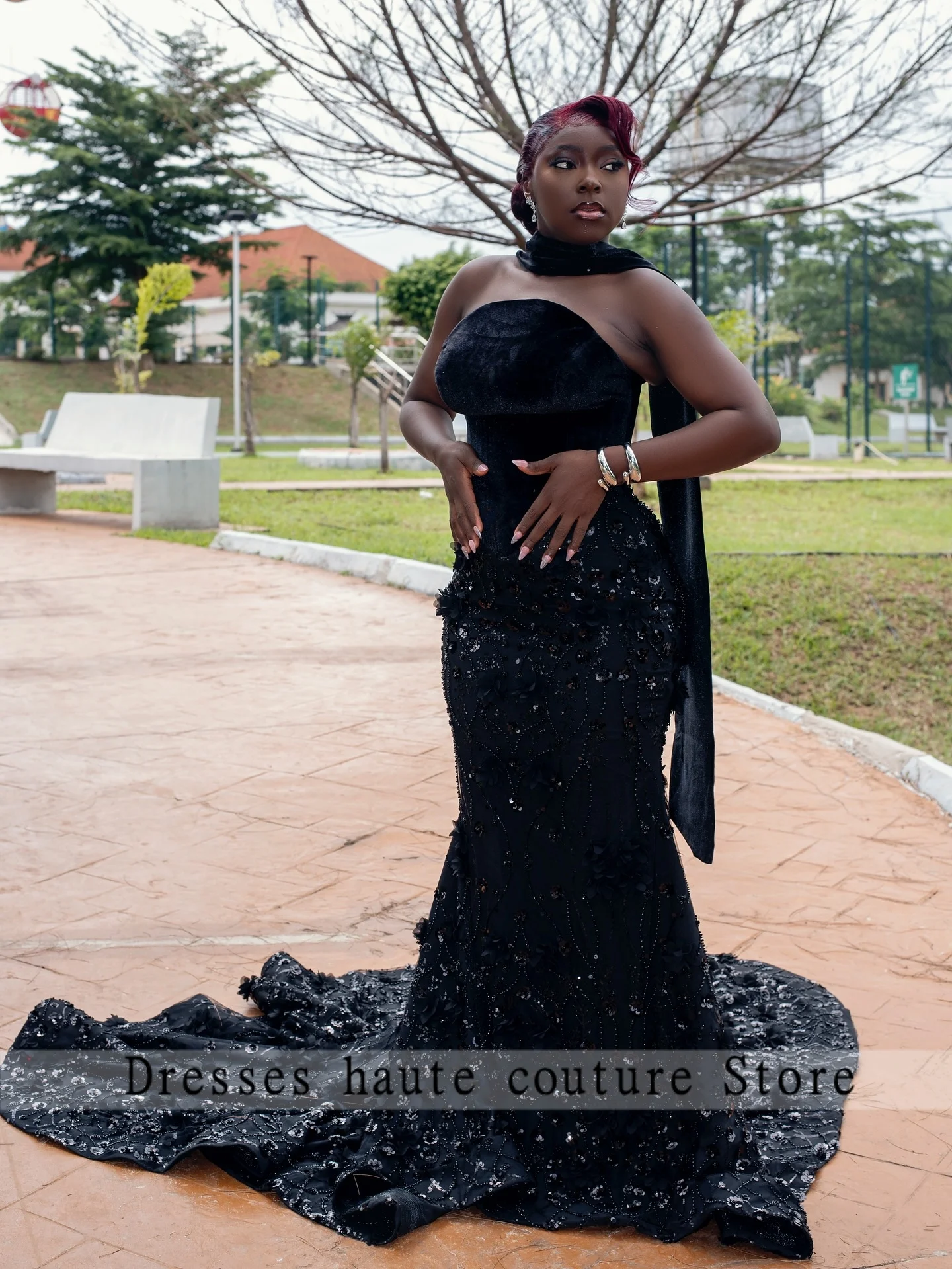 Aso Ebi Black Beaded 3D Flower Evening Dresses 2025 For Women African Strapless Wedding Paery Dress Reception Gown Customized