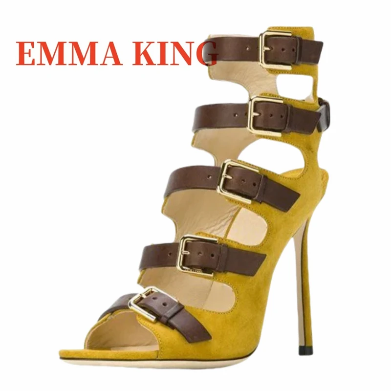 صنادل نسائية بكعب متعدد الحزام صنادل مثيرة بمقدمة مفتوحة من جلد الغزال الأصفر صنادل بكعب ستيليتو أحذية نسائية للحفلات موديل 2025 حذاء جديد