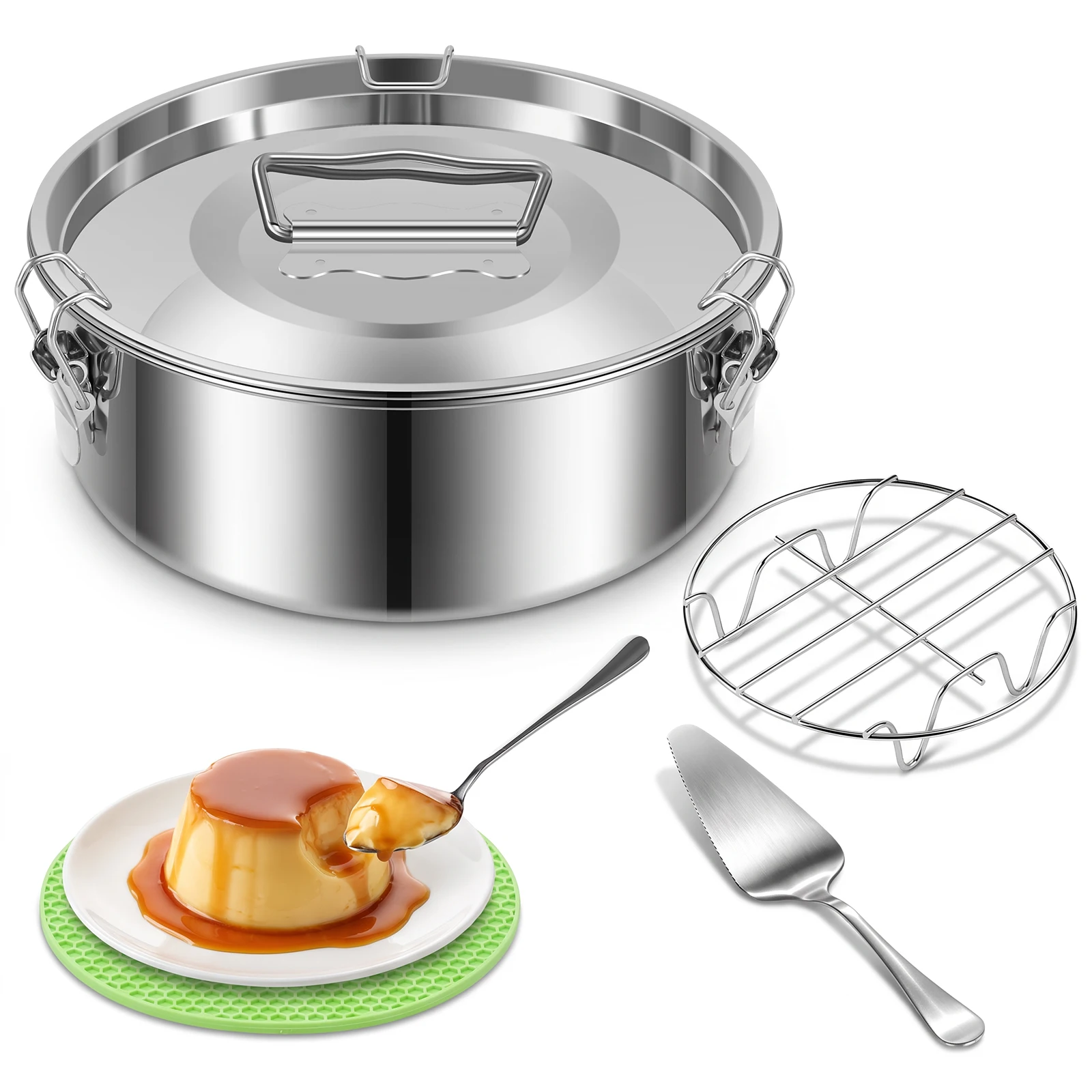 1.5QT Stainless Steel Flan Pan Mold Set with Lid Pudding Baking Steamer Pot Flanera Flan Mould Portable Kitchen Cake Baking Tool