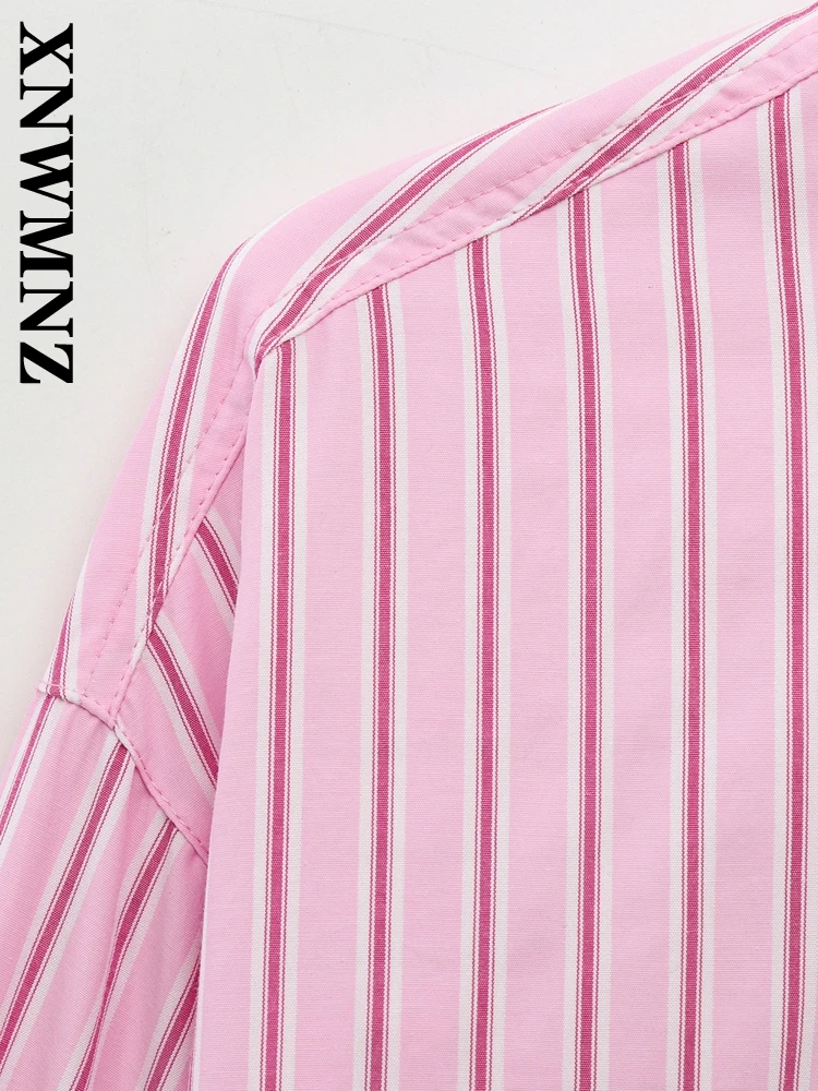 XNWMNZ 2025 春の新作女性洗練されたトップアウターシックな女性のターンダウンカラーコートフリル長袖シャツプリントストライプ