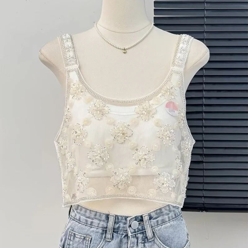 Transparent Vest Heavy Industry Sequin Beads Shiny Flower Camisole Women Summer Niche Design Perspective Tops Tank Top Women