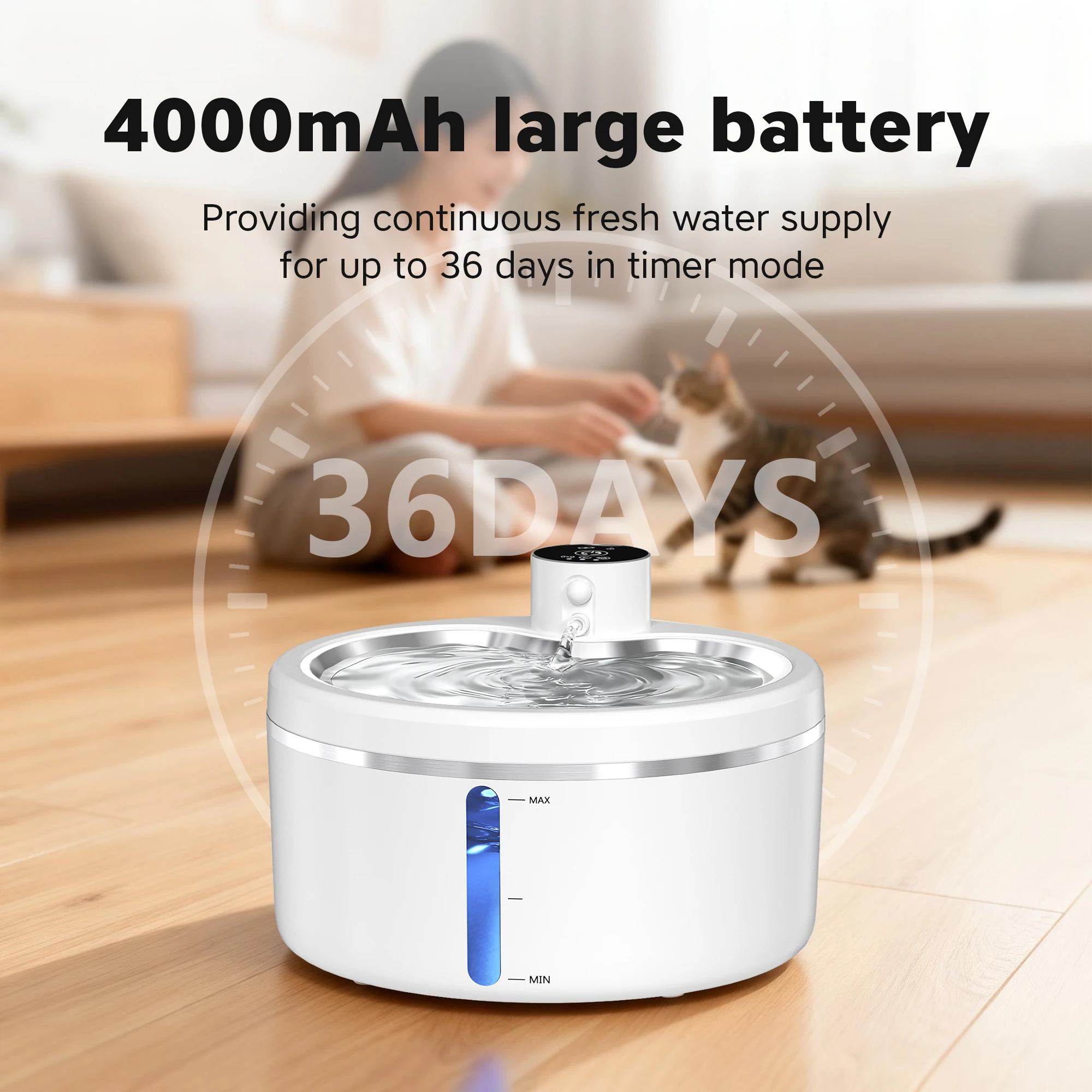 Fontaine à eau pour chat de 2,5 L, purificateur d'eau automatique pour animaux de compagnie avec plateau en acier inoxydable, capteur intelligent et batteries rechargeables de 4000 mAh