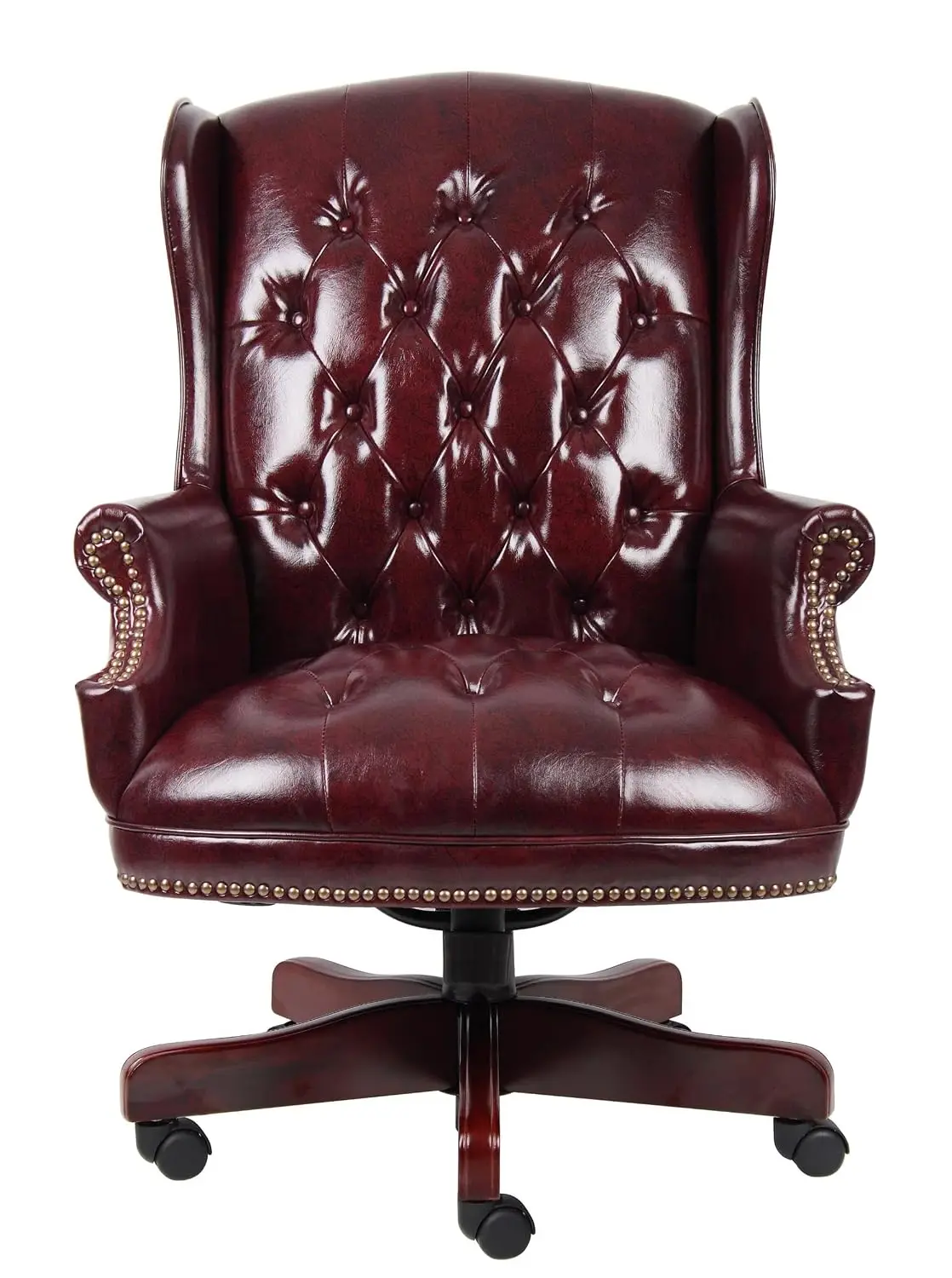 Traditional Faux Leather Executive Chair, Tufted Wingback, Adjustable Height, Mahogany Accents, 30