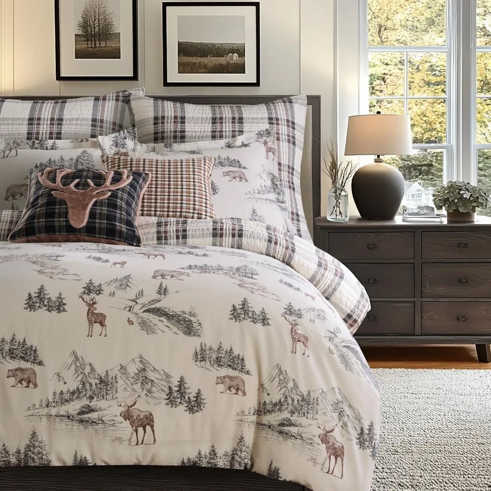 Brown Toile Pattern Twin Size Comforter Set with Pillowcase - Lodge Style Bedding Ensemble