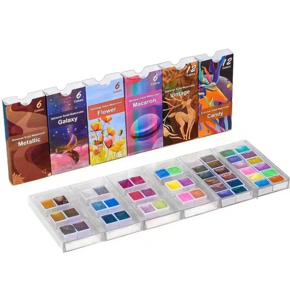 Professional Solid Watercolor Paint Set 6/12Colors Metallic Glitter Watercolor Pigment Plastic Box Oil Painting Kit Art Supplie