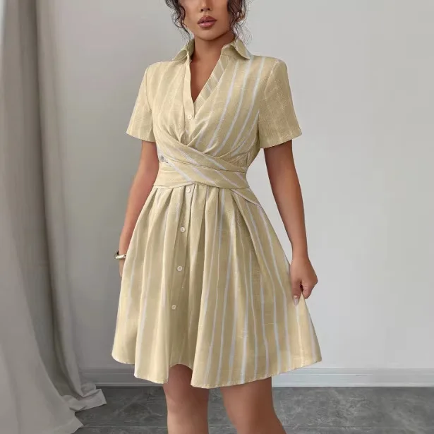 Mid Length Dress Women Shirt Dresses A Line Vestidos Y2k Streetwear Turn Down Collar Short Sleeve Elegant Party Striped 2026