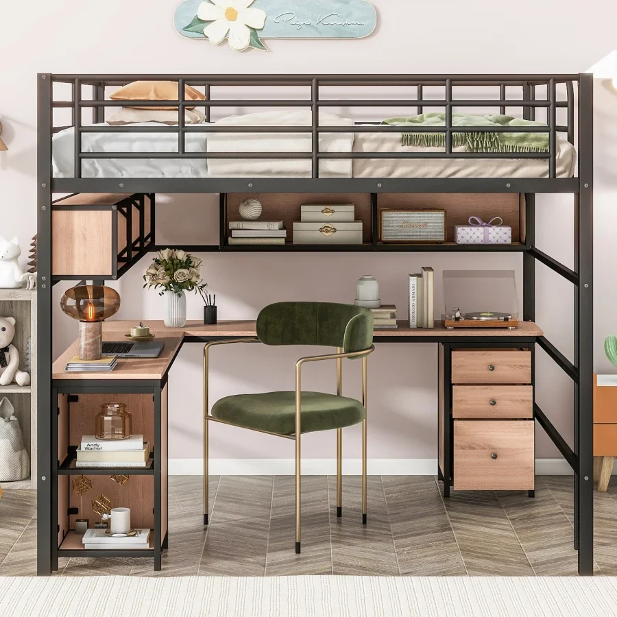 Metal Loft Bed with bookcase, desk and cabinet, Assembly required，Full size,High-quality material and solid construction