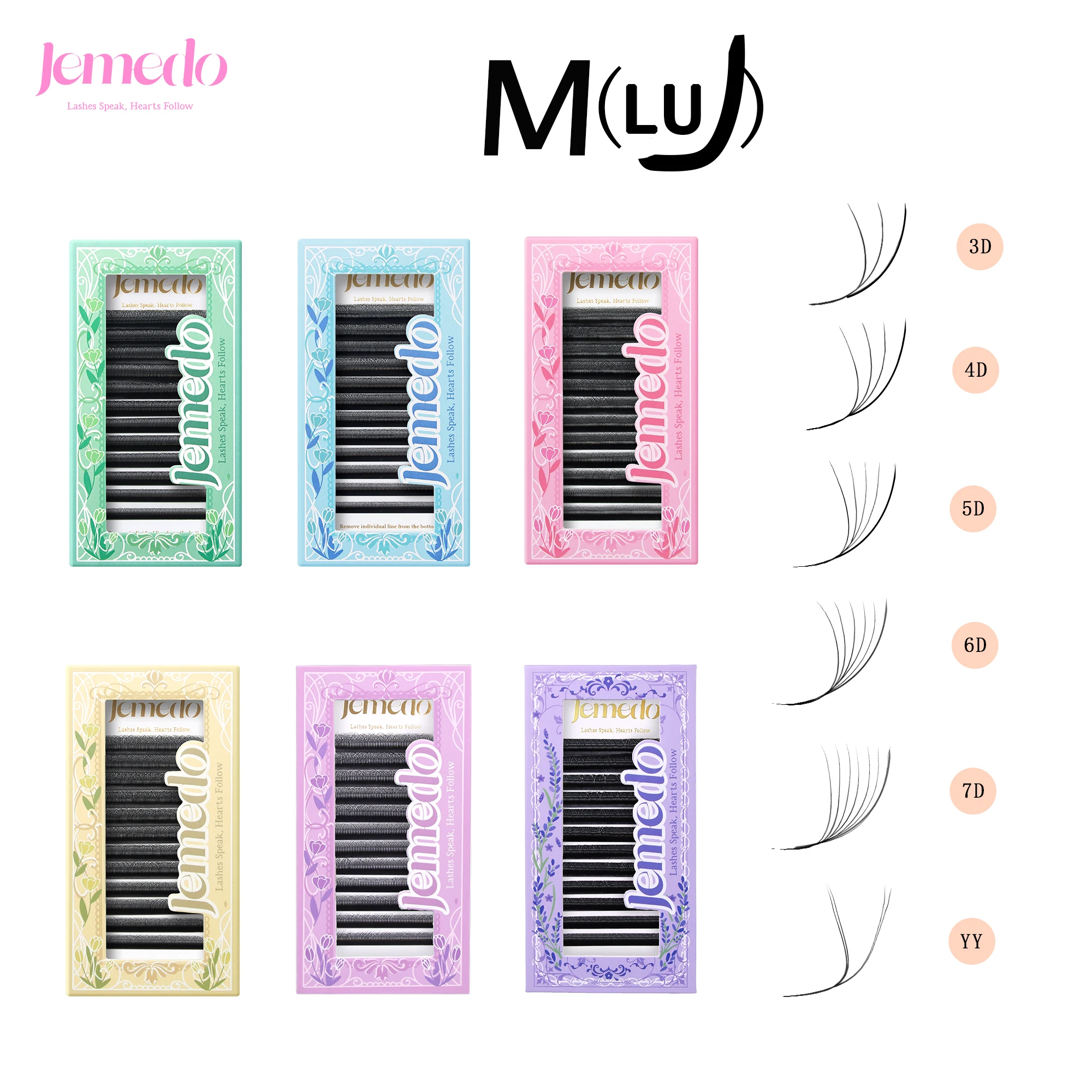 JEMEDO Extensions de cils série M(LU) en forme de W  Extensions de cils 3D/4D/5D/6D/7D/YY, 0,07 mm, effet naturel, pour maquillage