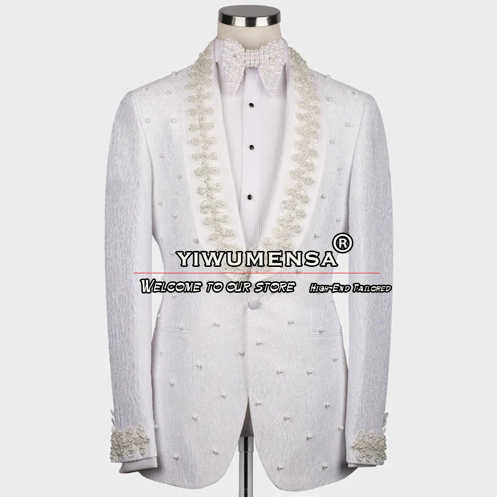 

White Boyfriend Suits Men Fashion Floral Beaded Blazer Tailore Made 3 Pieces Formal Groom Wear Wedding Tuxedo Man Elegant Dress