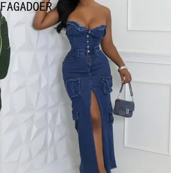 FAGADOER Sexy Casual Patchwork Cargo Pockets Denim Dress For Women Strapless Backless Front High Slit Fashion Cargo Dresses