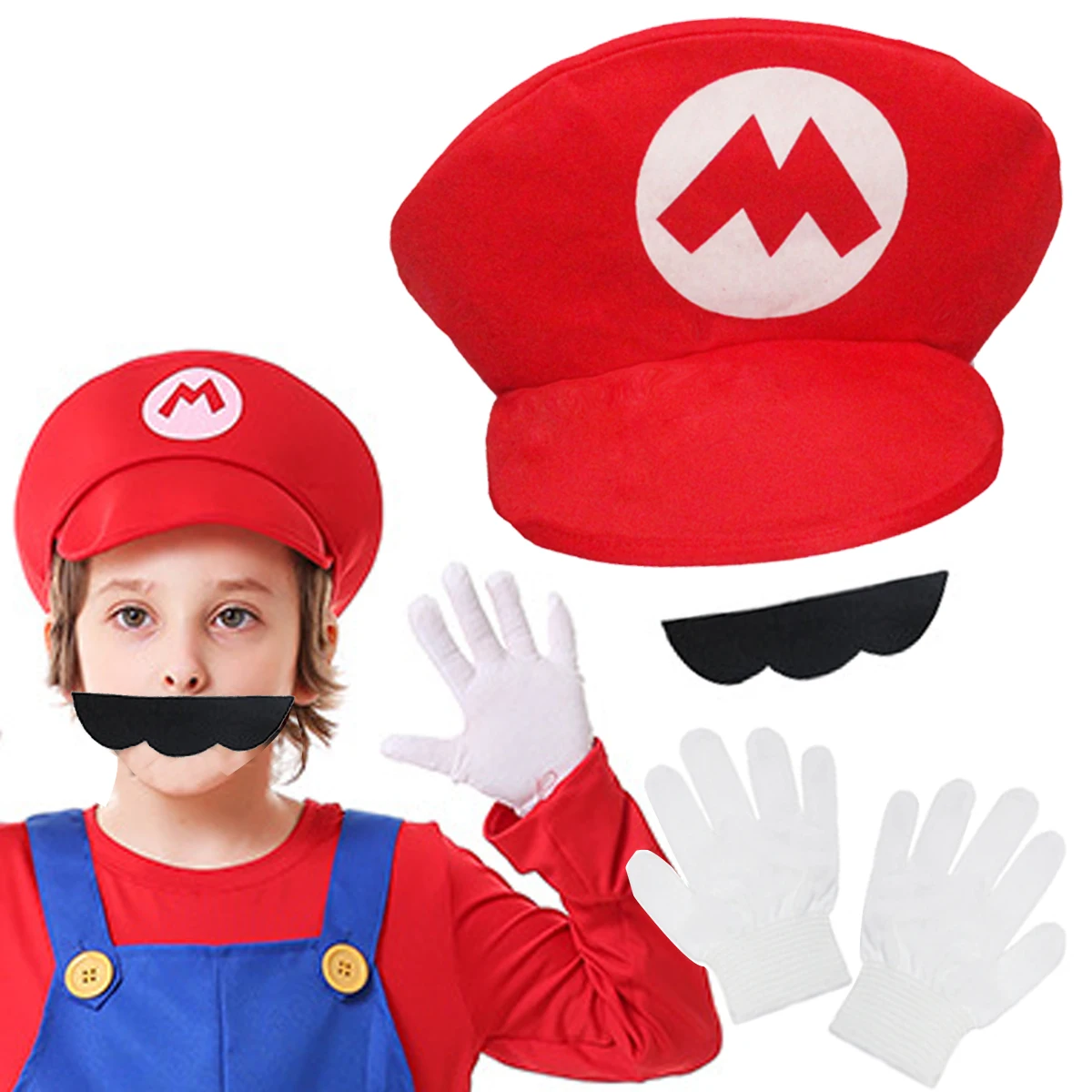 Hat+Gloves+Fake Beard 3-Piece Set Christmas Halloween Carnival Dress Up Ball Mario Hat Cosplay Accessories Hat