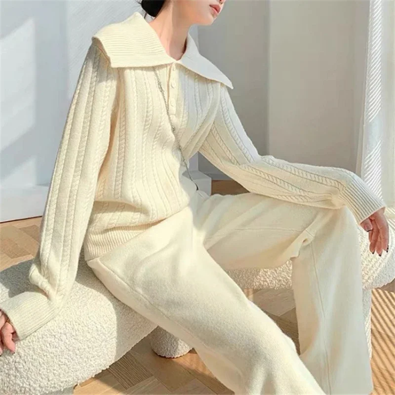 Women Two Piece Pant Sets Knit Sweater Button Turn Down Collar Pullover Solid High Waist Long Pants Elegant Loose Lady Autumn