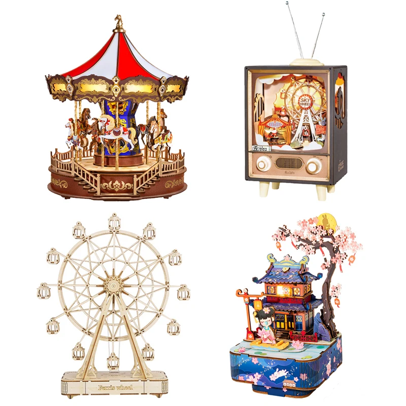 Assembled Building Blocks The merry-go-round Sunset Amusement Park Ferris Wheel Ancient Style Music Box Children's gift