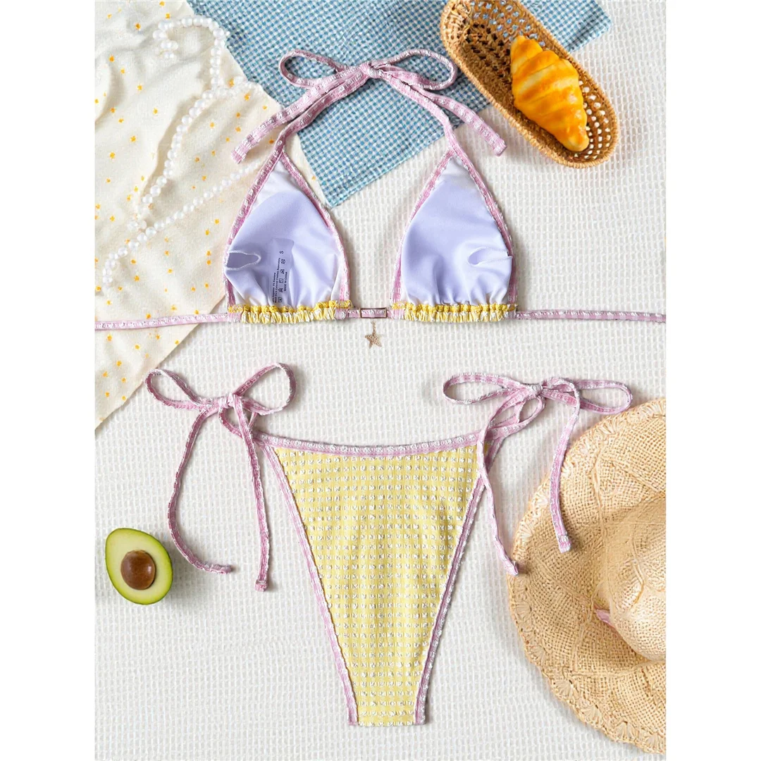 Neuer kariertes Neckholder-Bikini, Damen-Badeanzug, zweiteiliges Bikini-Set, mit Trägern, hohem Beinausschnitt, Badebekleidung, Badeanzug, Modell V8491 – Detail 7