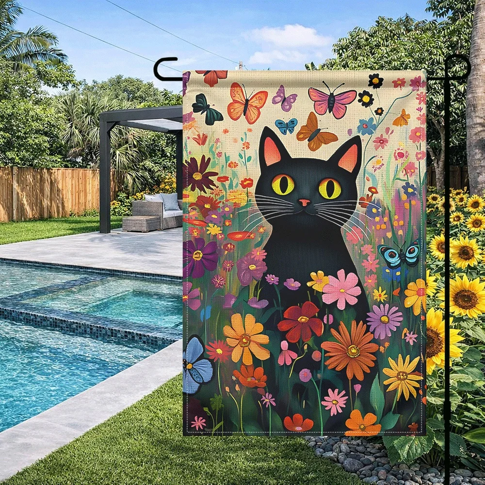 

1PC Black Cat Floral Garden Flag Colorful Butterfly Wildflower Decorative Outdoor Yard Banner for Spring Summer