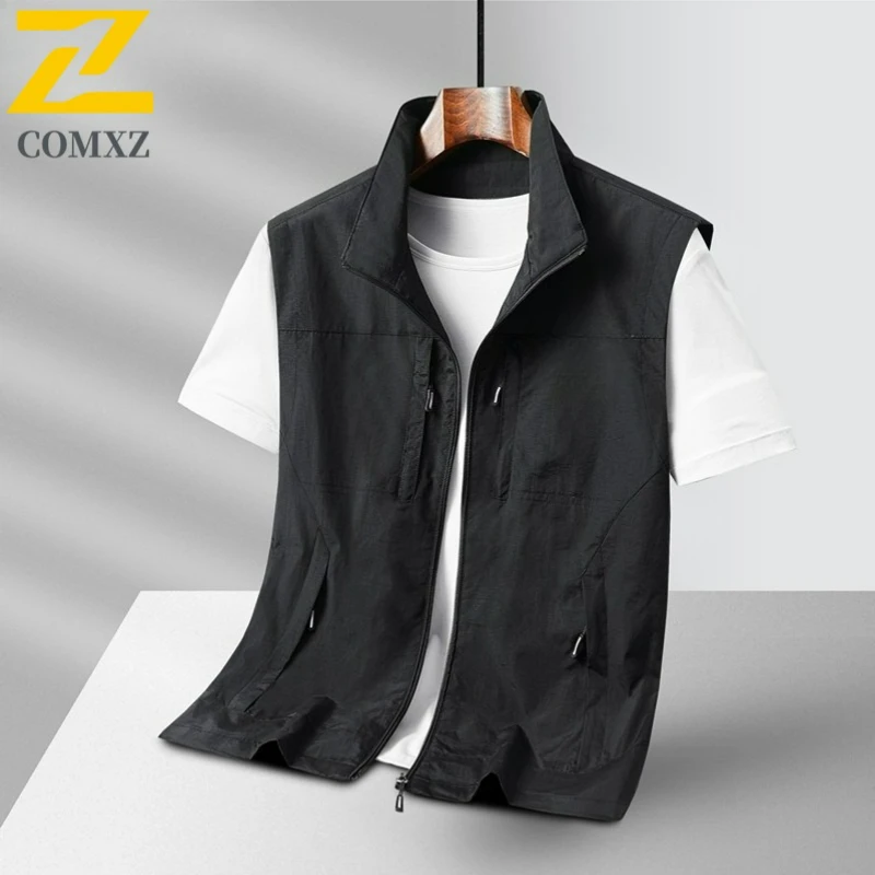 Men Lightweight Utility Vest 2025 New Sleeveless Stand Collar Multi Pocket Vests Outdoor Camping Breathable Versatile Waistcoat