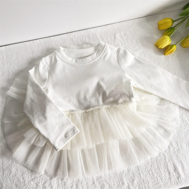 Boutique Kids Clothes Baby Girls Kawaii Lace Stitching Tutu Princess Long Sleeve T-shirt Dress Cute Base Shirt