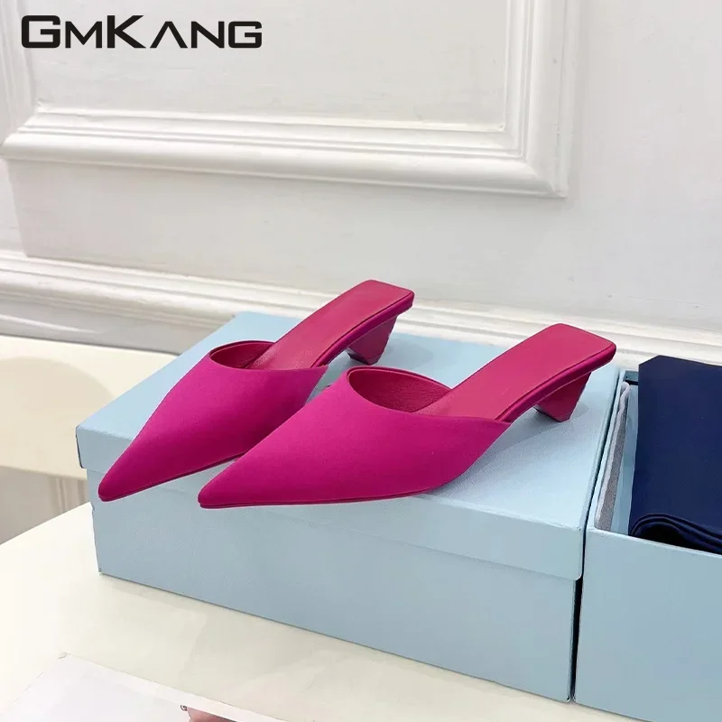 Sexy High Heels Slippers Women Pointed Toe Rhinestone Bling Wedding Shoes Woman Satin Slides Stiletto Runway Slippers Woman