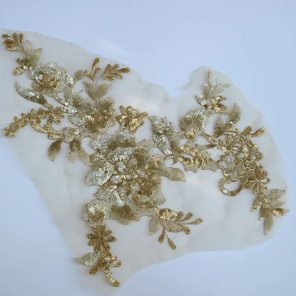 Fashion 37*24cm embroidery beaded applique sewing Sequins lace fabric accessories for wedding dress bridesmaid DIY decorations