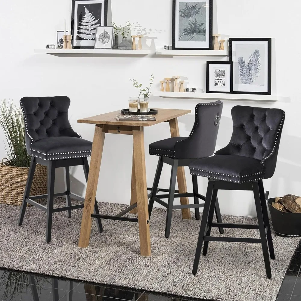 360 °   Taburetes de bar tapizados de terciopelo giratorios con respaldos, sillas de altura de mostrador de madera maciza