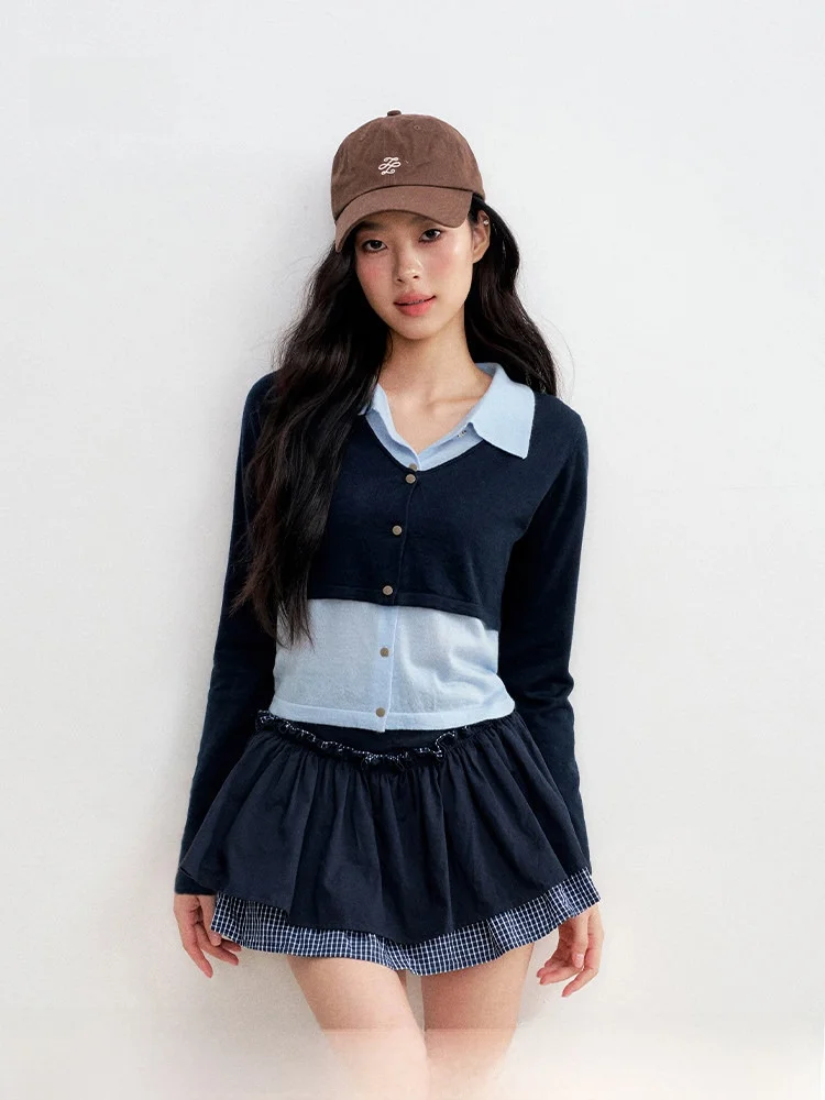 

Liilou lectual Plaid Patchwork Pure Cotton Color Blo A-Line Skirt with Lace Hem High Waist Elastic Waist Design