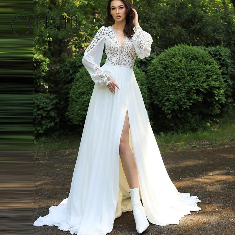 Oyisha Langarm Chiffon Robe de Mariée Spitze Applika Lange Ärmel Chiffon Robe De Mariée Spitze Applikationen V-Ausschnitt Hochzeitskleid Elegant Seite Split Bohemian Brautkleid Für FrauenLange Ärmel Chiffon Robe De Mar