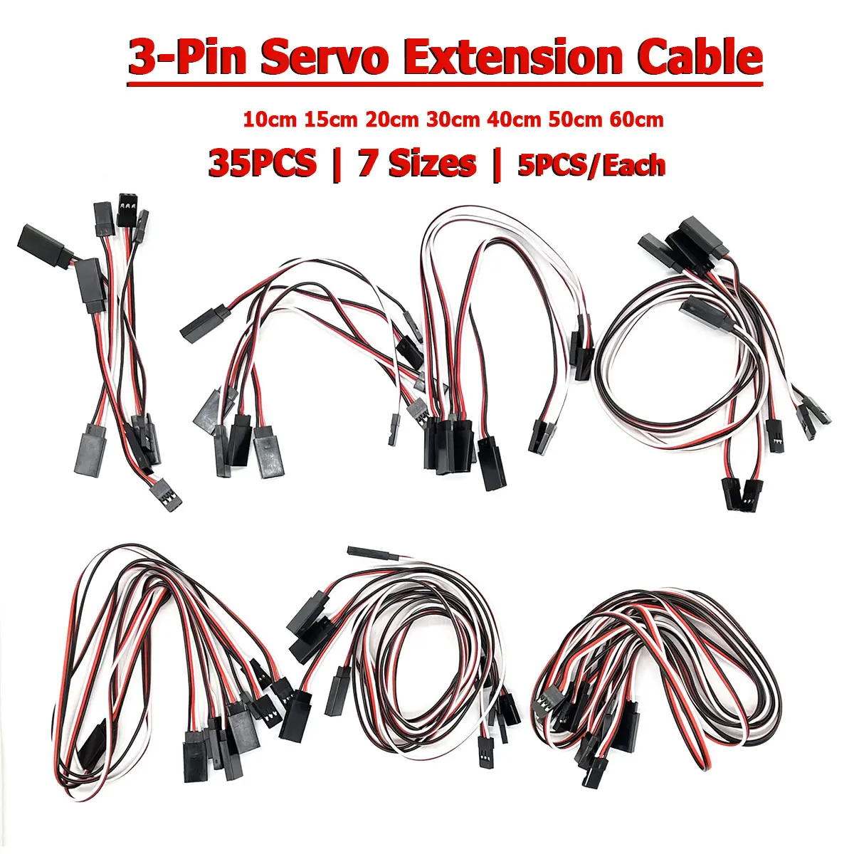 35 Pcs Servo Extension Cable 3-Pin JST Male to Futaba/JR Female Connector 7sizes 10cm 15cm 20cm 30cm 40cm 50cm 60cm